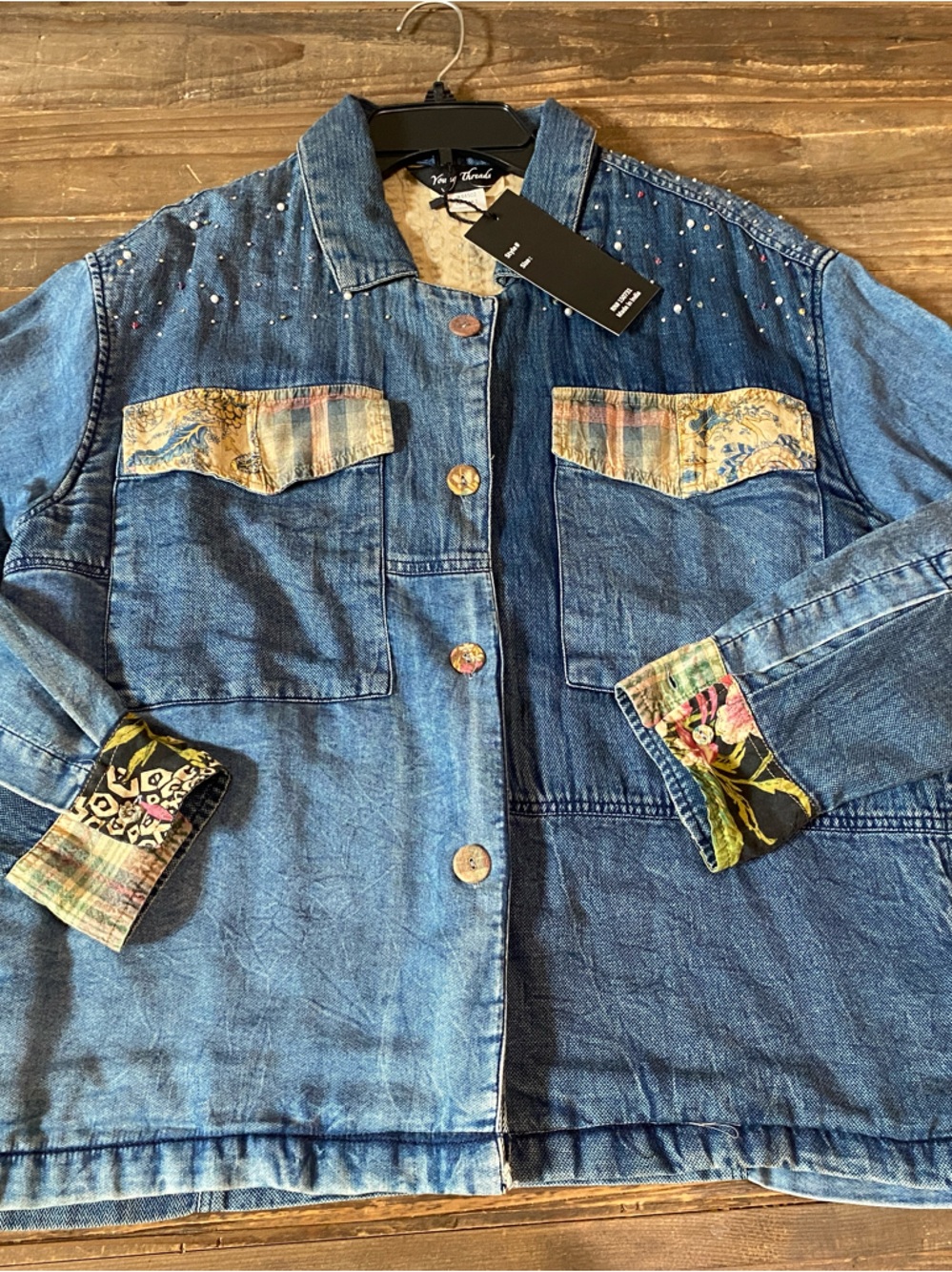 Women's Blue Denim Patchwork Jacket with Embroidered Detail